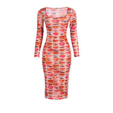 Long sleeve abstract u neck sheer mesh contrast midi dress