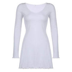Long sleeve solid ruffle v neck ribbed mini dress