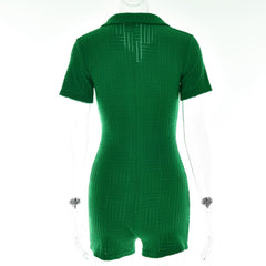 Textured button turnover collar short sleeve romper