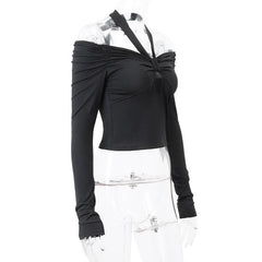 Long sleeve off shoulder halter ruched backless solid hollow out top