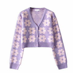 V neck flower pattern button knitted contrast long sleeve cardigan top