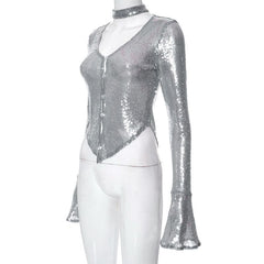 Glitter v neck long flared sleeve choker button top