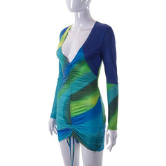 Contrast print drawstring long sleeve v neck ruched mini dress