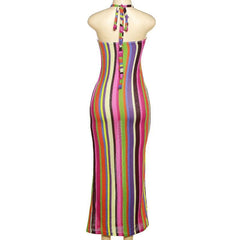 Halter self tie backless striped contrast maxi dress