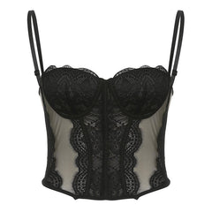 Mesh button lace hem backless bustier cami top