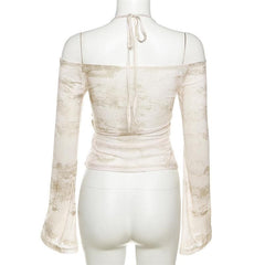 Tie dye off shoulder ruched halter contrast long sleeve top