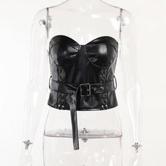 Sweetheart neck backless belt PU leather corset zip-up top