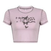 Stitch crewneck butterfly pattern contrast crop top