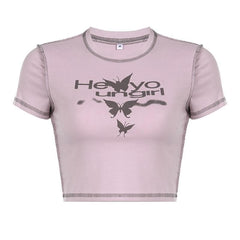 Stitch crewneck butterfly pattern contrast crop top