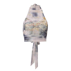 Tie dye beaded halter self tie backless contrast crop top