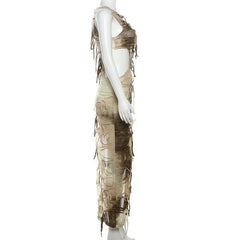 Sleeveless textured tie dye hollow out irregular slit maxi dress