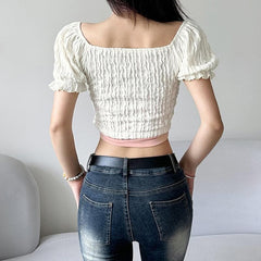 Textured metal chain puff short sleeve contrast 2 piece crop top