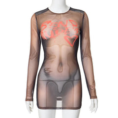 Long sleeve body print sheer mesh crewneck mini dress