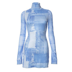 Slit long sleeve high neck denim print contrast mini dress