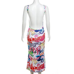 Contrast print square neck sleeveless slit backless midi dress