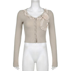 Flower applique ruffle contrast long sleeve button top