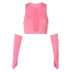 Sleeveless round neck solid hollow out gloves crop top - Final Sale