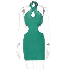 Sleeveless solid v neck halter self tie backless hollow out mini dress