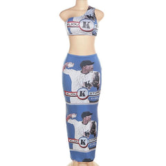 One shoulder irregular sleeveless contrast print slit maxi skirt set