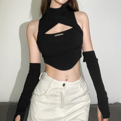 Sleeveless high neck hollow out solid gloves crop top