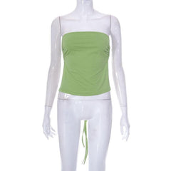 Drawstring solid ruched self tie backless tube top