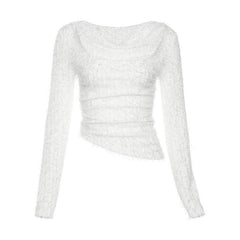 Textured cowl neck irregular solid long sleeve top