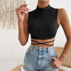Cross front sleeveless high neck self tie ribbed crop top