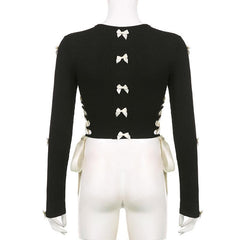 Bowknot long sleeve hollow out lace up contrast top