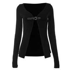 Long sleeve v neck buckle low cut solid crop top