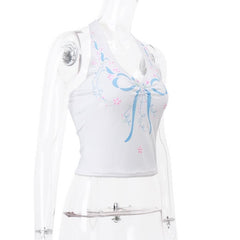 Lace up v neck bowknot pattern halter backless top