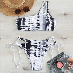One shoulder hollow out irregular tie dye bikini swimwear