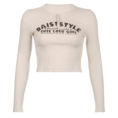 Long sleeve contrast print round neck button crop top