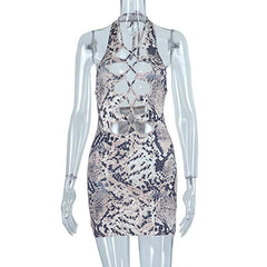 Snakeskin print hollow out self tie backless mini dress