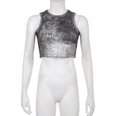 Textured contrast sleeveless crewneck patchwork crop top