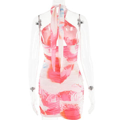 Flower applique cross front ruched contrast self tie mini dress