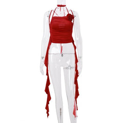 Halter ruched flower applique ruffle solid cross back crop top