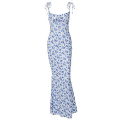 Flower print self tie backless mermaid hem maxi dress