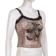 Butterfly pattern lace hem backless contrast top
