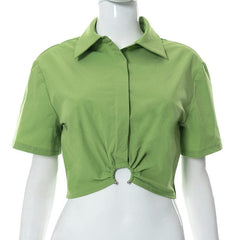 O ring solid turnover collar short sleeve ruched crop top