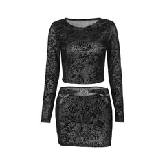 Long sleeve textured round neck hollow out mini skirt set