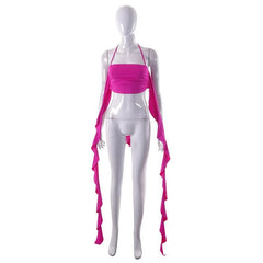 Halter sleeveless solid ruffle self tie ribbon crop top