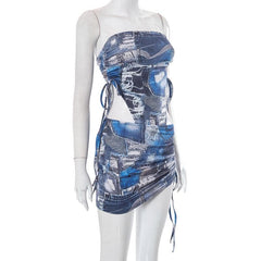 Denim print contrast drawstring self tie backless tube mini skirt set