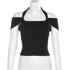 Halter ruched off shoulder solid backless top