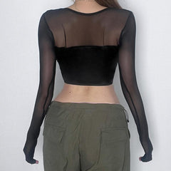 Lace up square neck mesh long sleeve crop top