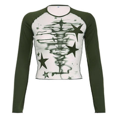 Stitch long sleeve contrast star pattern crewneck top