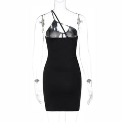 Mesh patchwork hollow out corset one shoulder irregular backless mini dress
