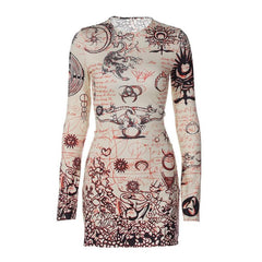 Long sleeve crewneck print drawstring ruched mini dress