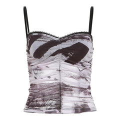 Mesh contrast print sweetheart neck ruched cami crop top