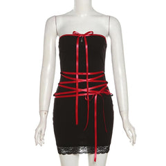 Lace up contrast lace hem bowknot backless tube mini dress
