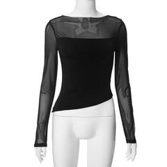 Mesh patchwork irregular solid long sleeve top